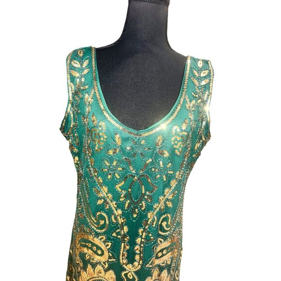 Green Gold Sequined Flapper Style Dress Fringe Hem Holiday Party XL By Fundaizy - Picture 2 of 9